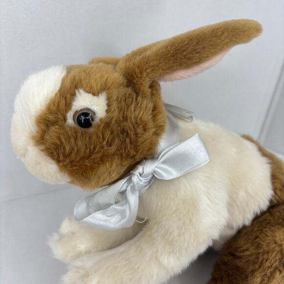 Kids of America Bunny Plush Brown White Crouching Rabbit Satin Bow 10 Inch - Picture 2 of 8